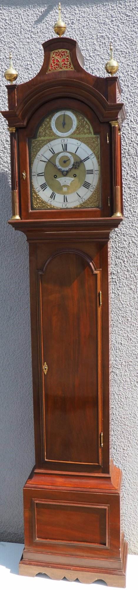 19THC Pagoda Top Longcase Clock in Solid Mahogany Case Arched Silver & Brass Dial Signed Joseph Herring London - Image 4
