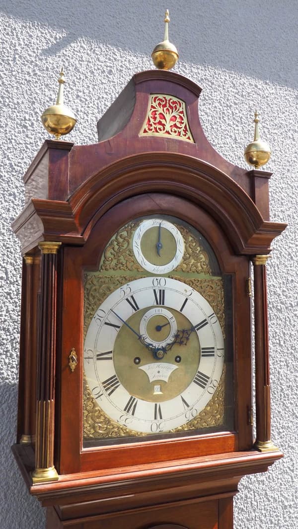 19THC Pagoda Top Longcase Clock in Solid Mahogany Case Arched Silver & Brass Dial Signed Joseph Herring London