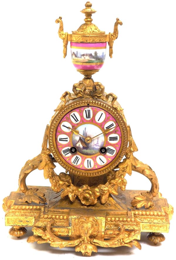 8-Day Striking Pink Sevres Gilt Mantle Clock C1880