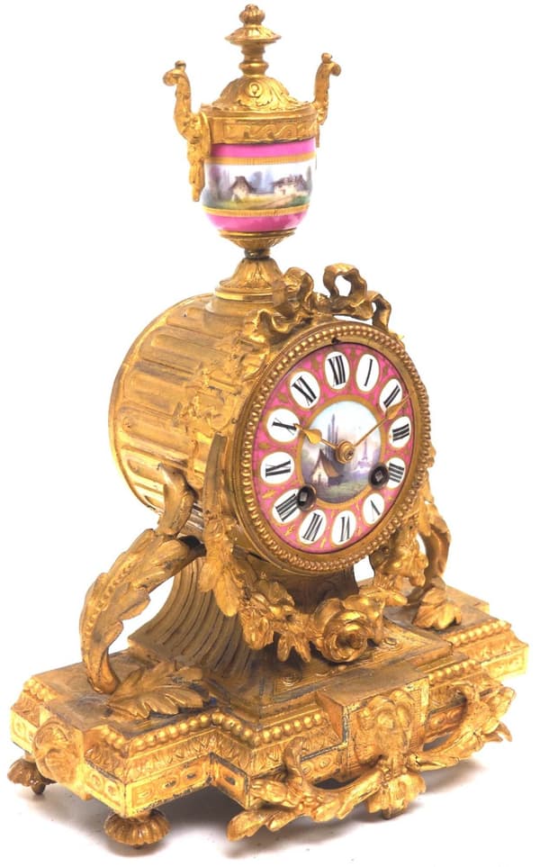 8-Day Striking Pink Sevres Gilt Mantle Clock C1880