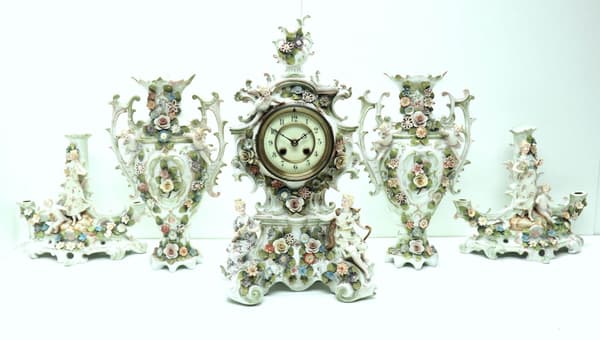 Original Porcelain Mantel Clock Figural Striking 8-Day Mantle Clock rare 5 Piece Set C1880