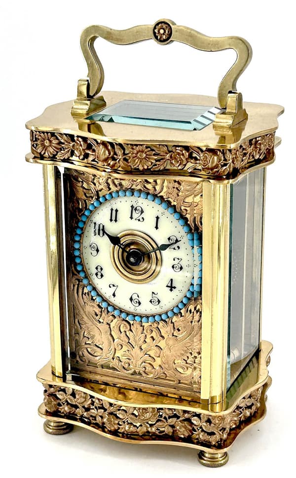 Rare Foliate Antique French 8-Day Carriage Clock