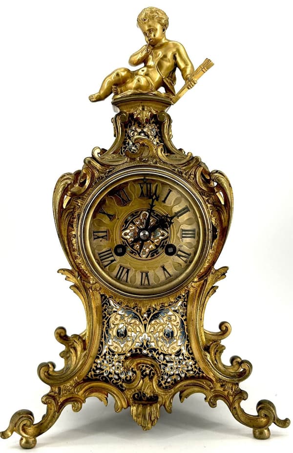 Rare Victorian Antique French Champleve figural Boulle Mantel Clock C1860