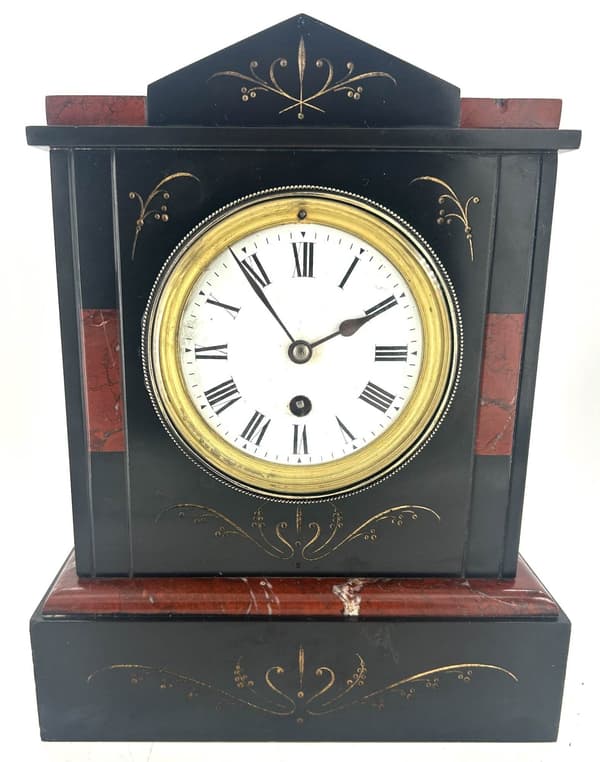 Great 8 day Architectural design slate & marble Mantel Clock – ca1900