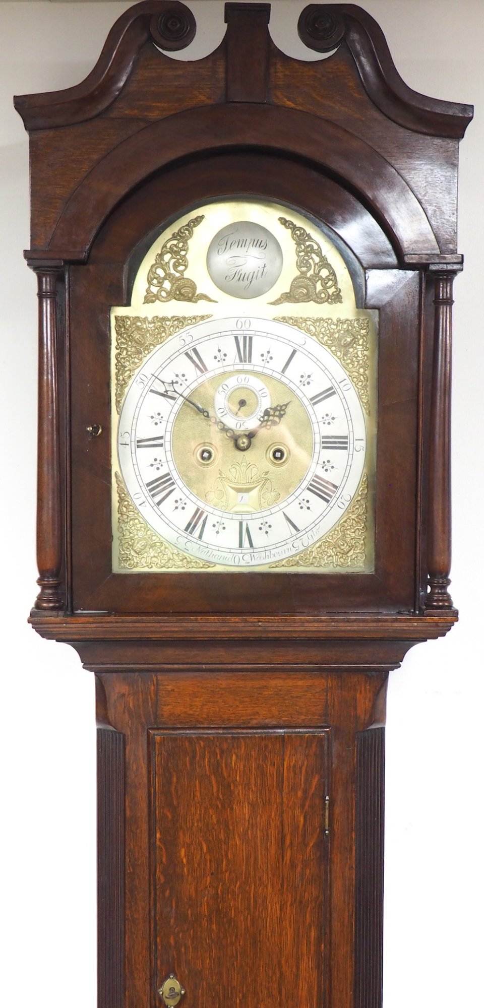 19THC Swan Neck Pediment Longcase Clock Arched Silver & Brass Dial 8 Day Movement Signed Nathanid Washboun Gloucester - Image 7
