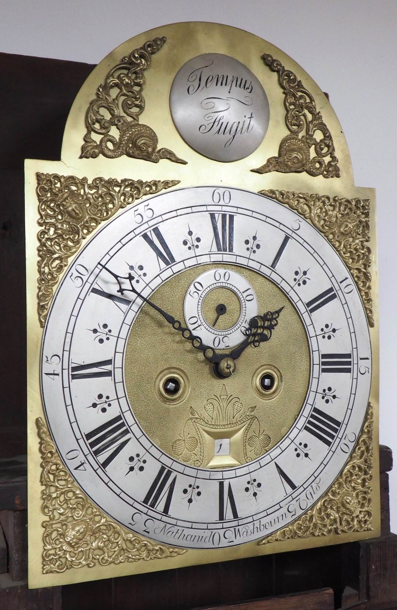 19THC Swan Neck Pediment Longcase Clock Arched Silver & Brass Dial 8 Day Movement Signed Nathanid Washboun Gloucester - Image 6