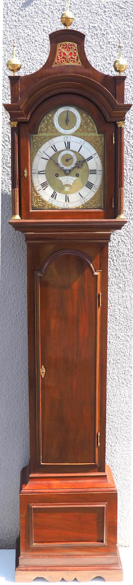 19THC Pagoda Top Longcase Clock in Solid Mahogany Case Arched Silver & Brass Dial Signed Joseph Herring London - Image 8