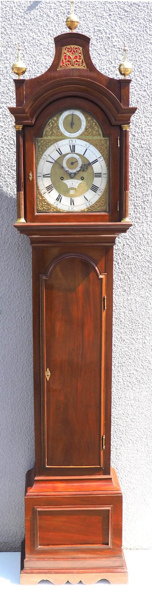 19THC Pagoda Top Longcase Clock in Solid Mahogany Case Arched Silver & Brass Dial Signed Joseph Herring London - Image 10