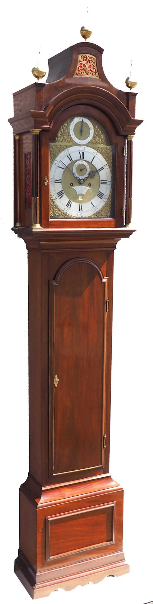 19THC Pagoda Top Longcase Clock in Solid Mahogany Case Arched Silver & Brass Dial Signed Joseph Herring London - Image 6
