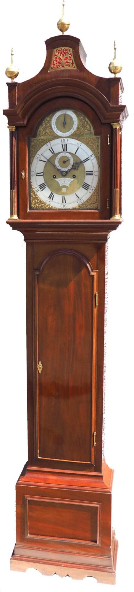 19THC Pagoda Top Longcase Clock in Solid Mahogany Case Arched Silver & Brass Dial Signed Joseph Herring London - Image 9