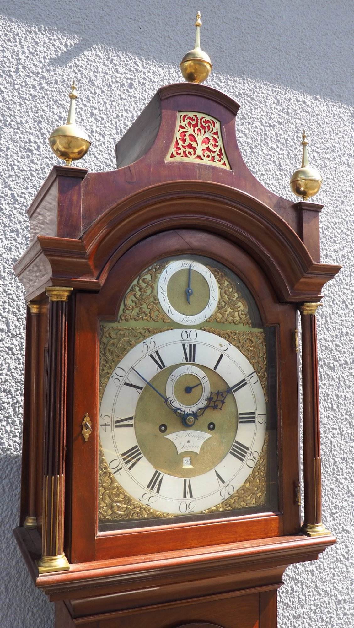 19THC Pagoda Top Longcase Clock in Solid Mahogany Case Arched Silver & Brass Dial Signed Joseph Herring London
