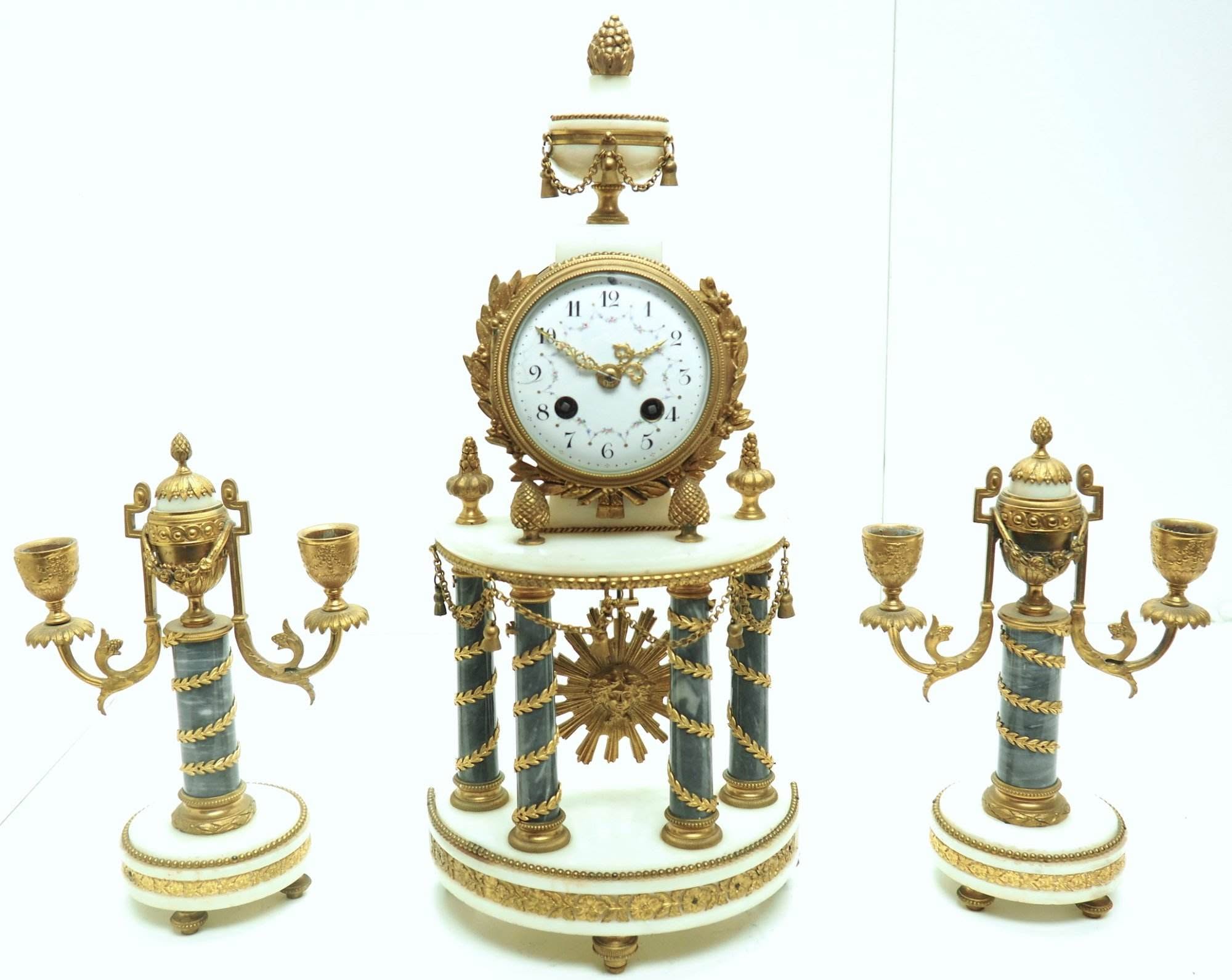 Incredible Antique 8 Day French Ormolu & Marble Mantel Clock Set with 2 Branch Candelabras