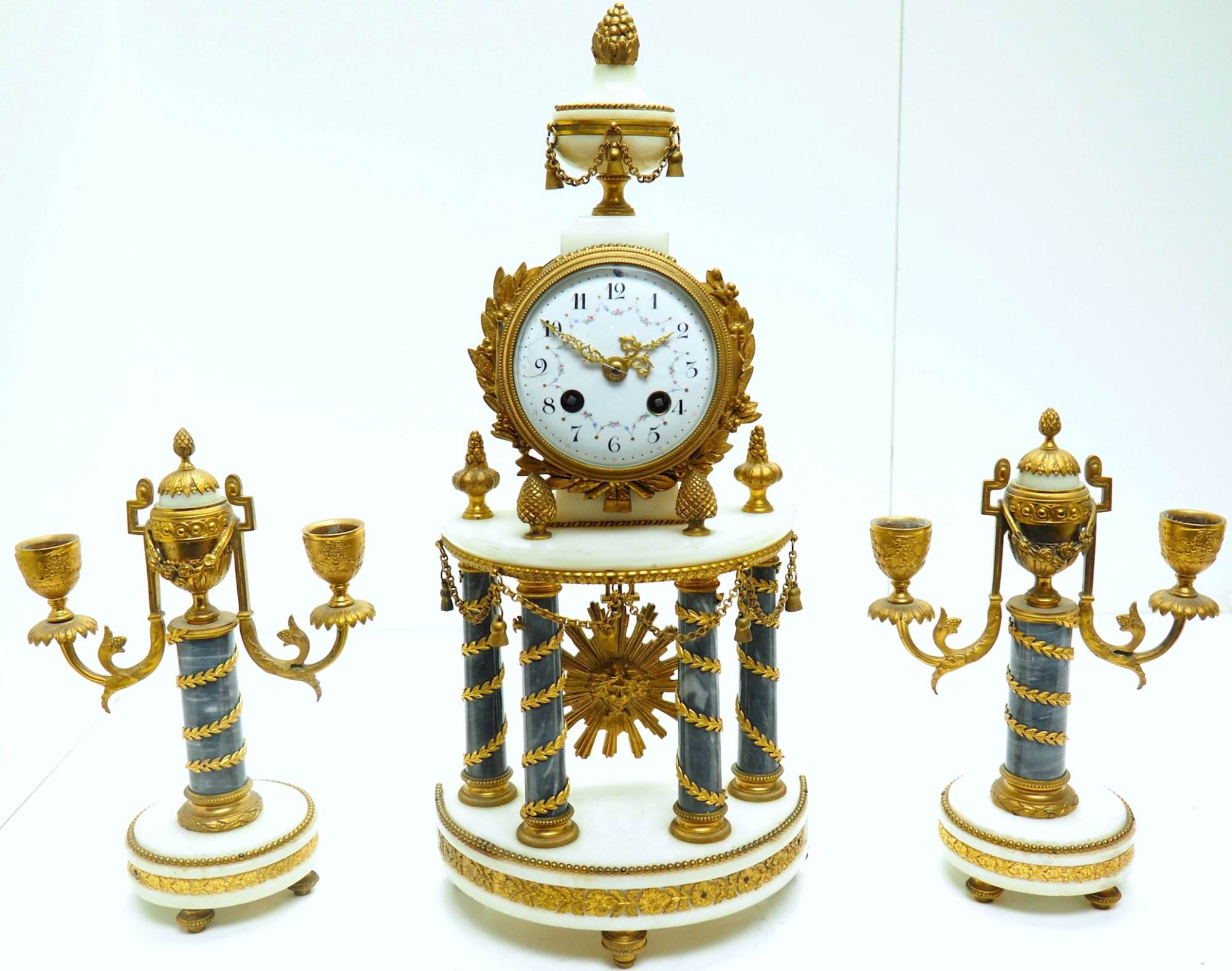Incredible Antique 8 Day French Ormolu & Marble Mantel Clock Set with 2 Branch Candelabras - Image 3