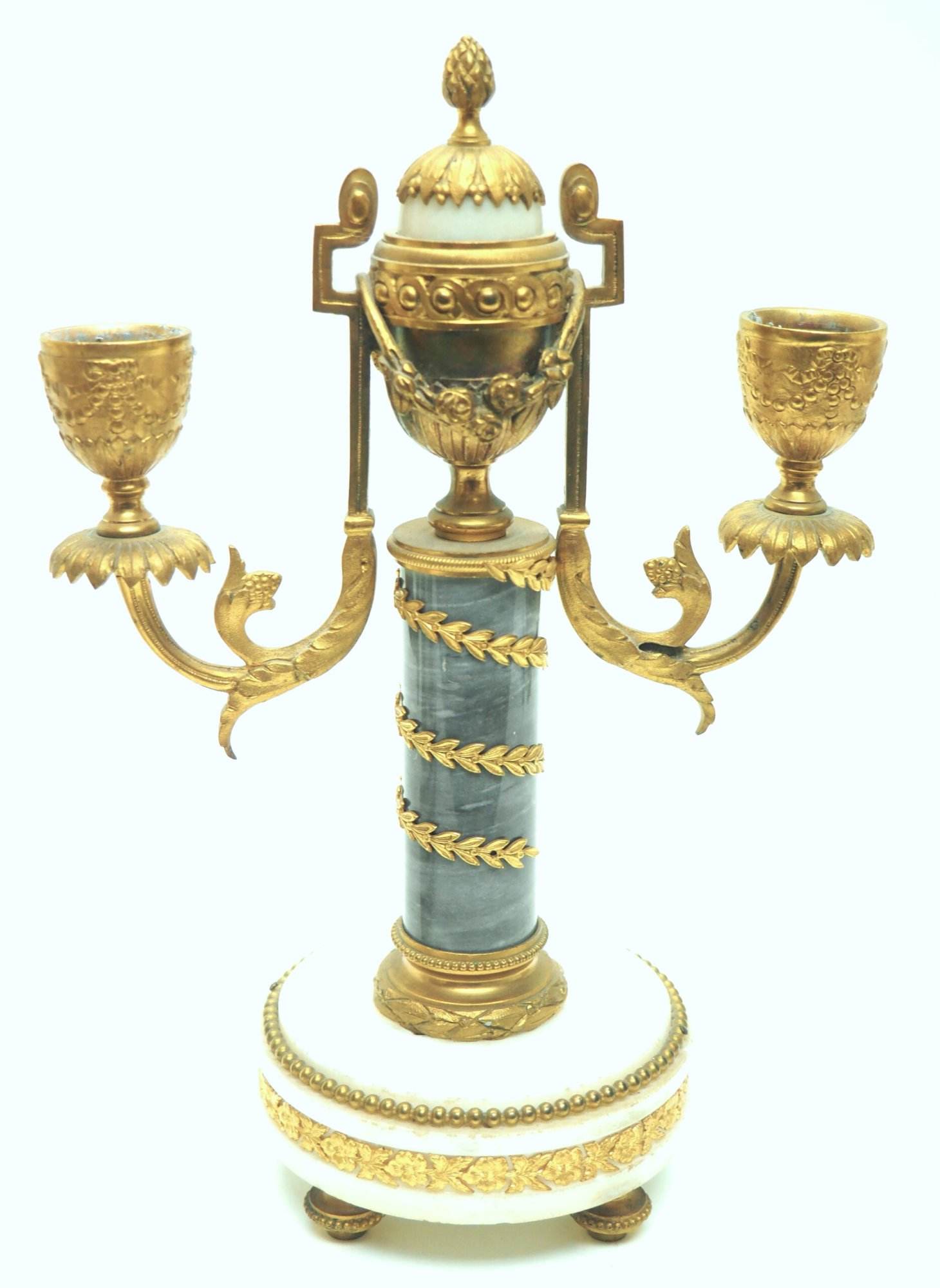 Incredible Antique 8 Day French Ormolu & Marble Mantel Clock Set with 2 Branch Candelabras - Image 2