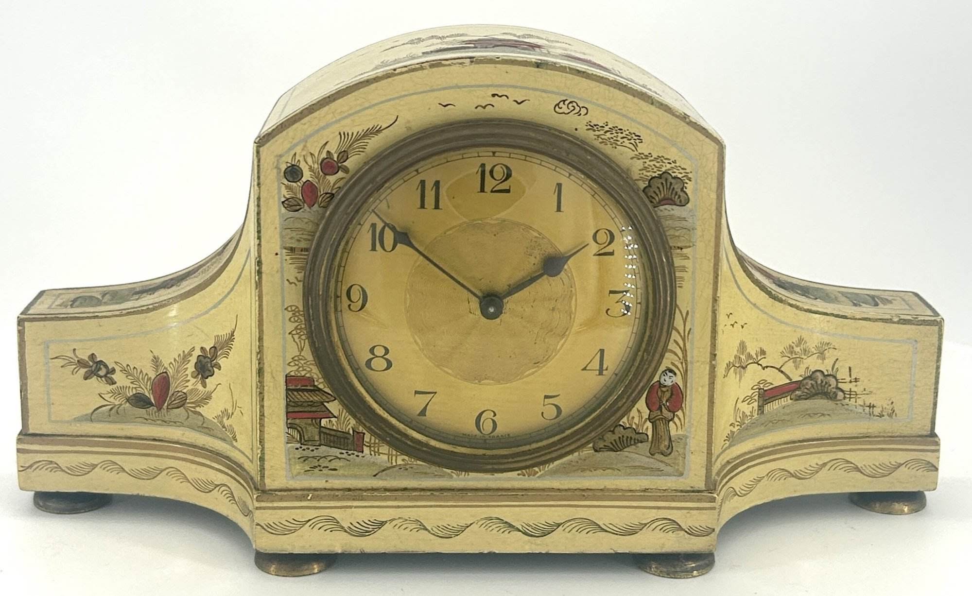 French Beige Antique Hand painted Chinoiserie mantel Clock C1900 - Image 9