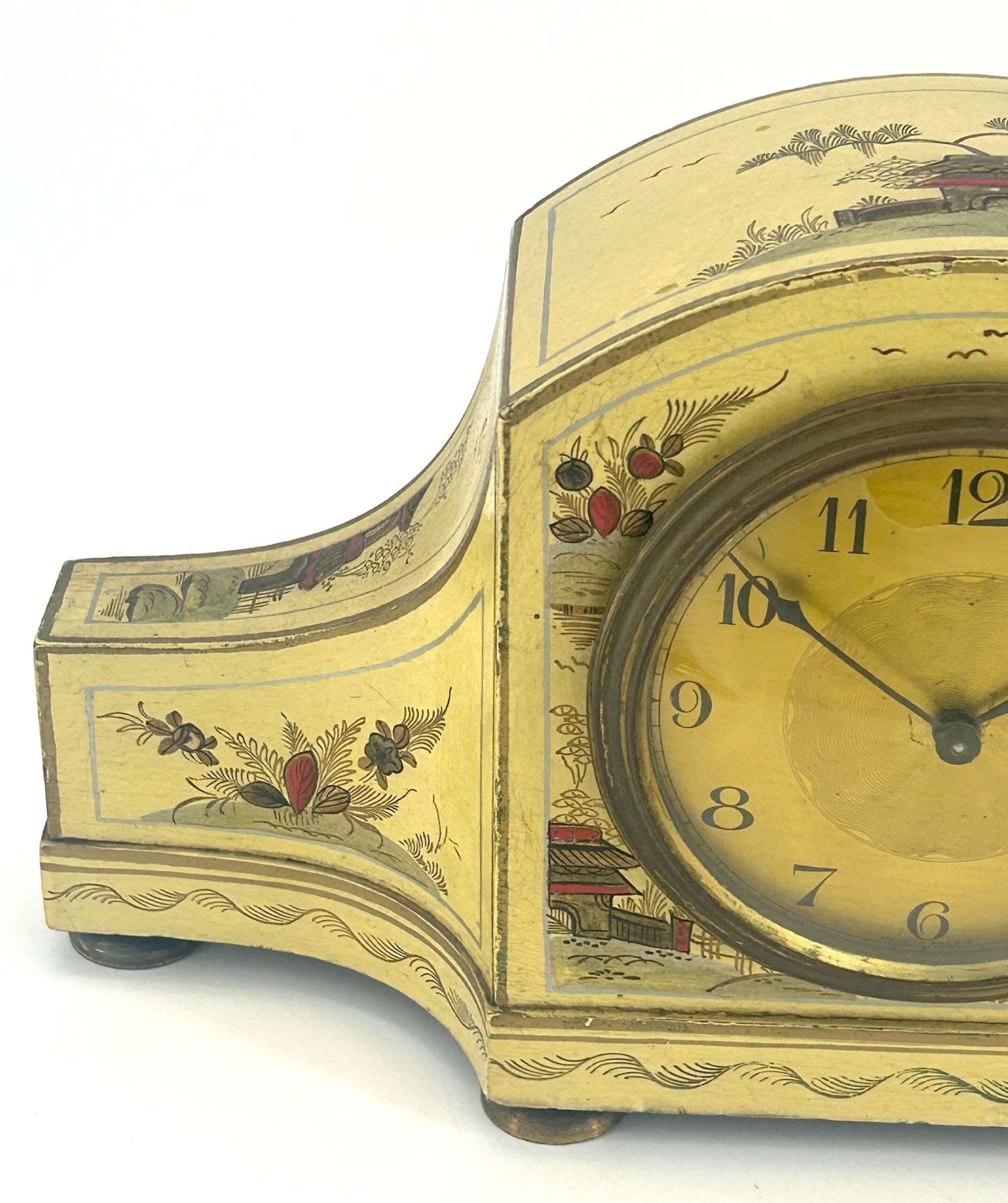French Beige Antique Hand painted Chinoiserie mantel Clock C1900 - Image 7