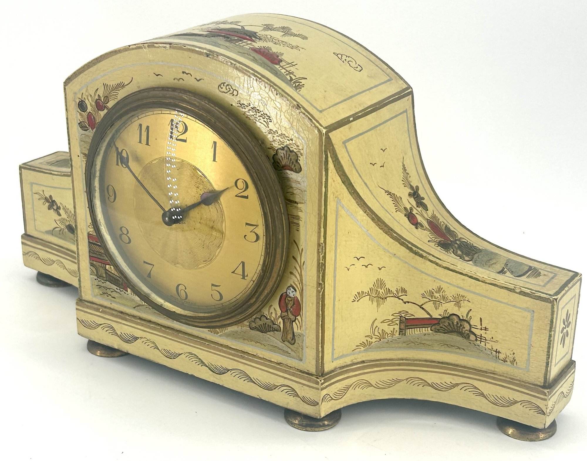French Beige Antique Hand painted Chinoiserie mantel Clock C1900 - Image 6