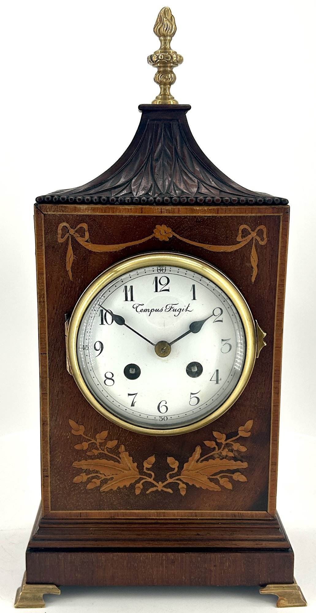Wonderful Carved and inlaid Mahogany case Mantel Clock – ca1890 - Image 3