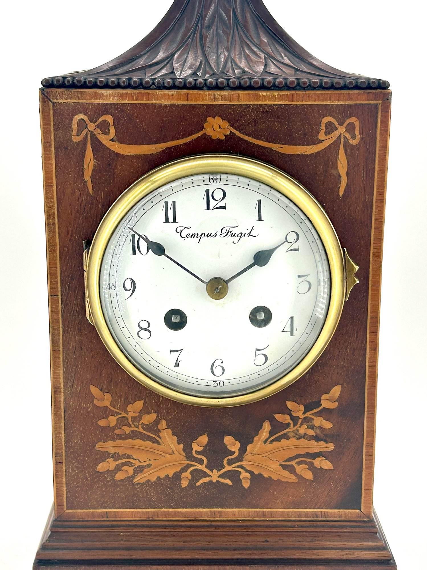Wonderful Carved and inlaid Mahogany case Mantel Clock – ca1890 - Image 2