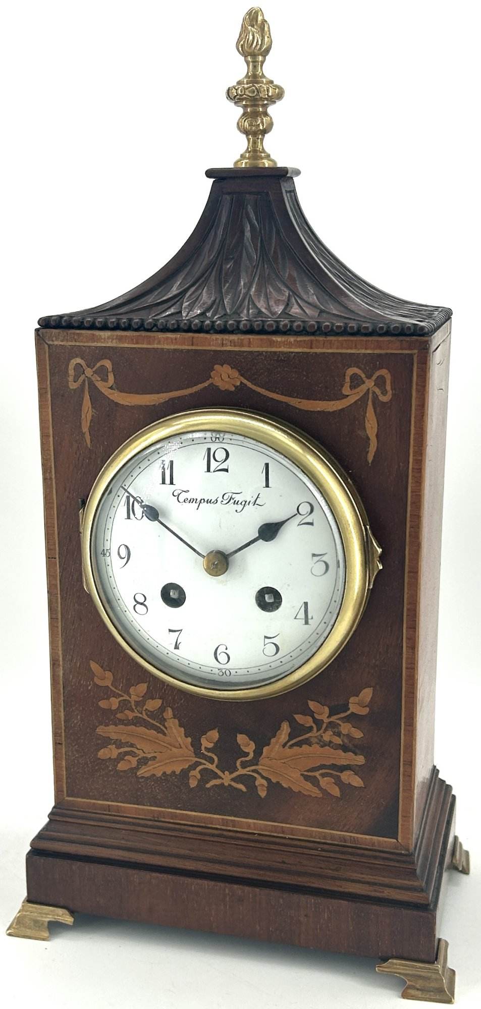 Wonderful Carved and inlaid Mahogany case Mantel Clock – ca1890 - Image 8