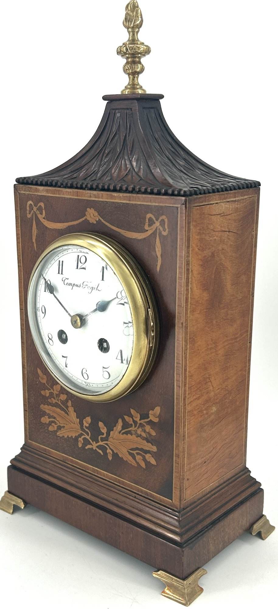 Wonderful Carved and inlaid Mahogany case Mantel Clock – ca1890 - Image 7