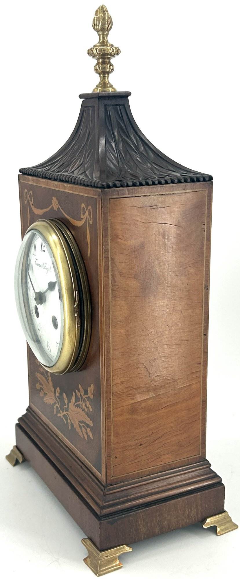 Wonderful Carved and inlaid Mahogany case Mantel Clock – ca1890 - Image 10
