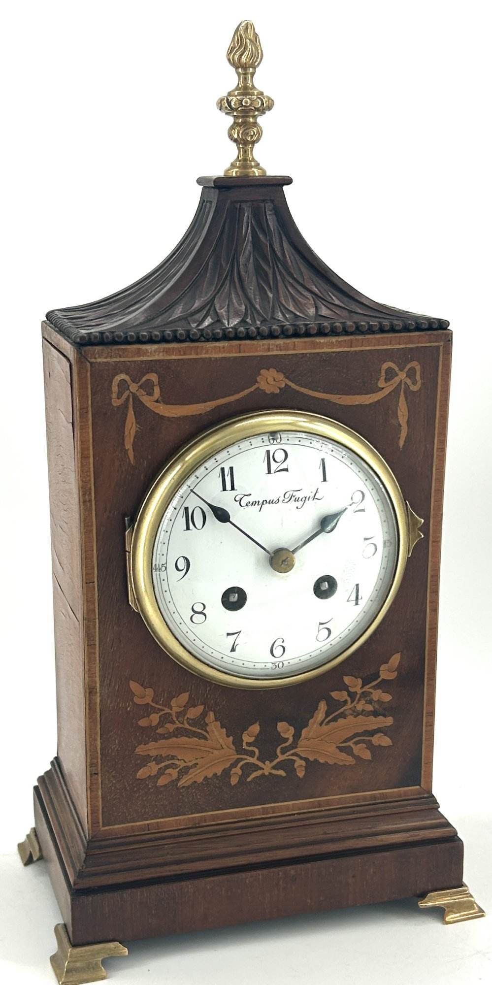Wonderful Carved and inlaid Mahogany case Mantel Clock – ca1890 - Image 13