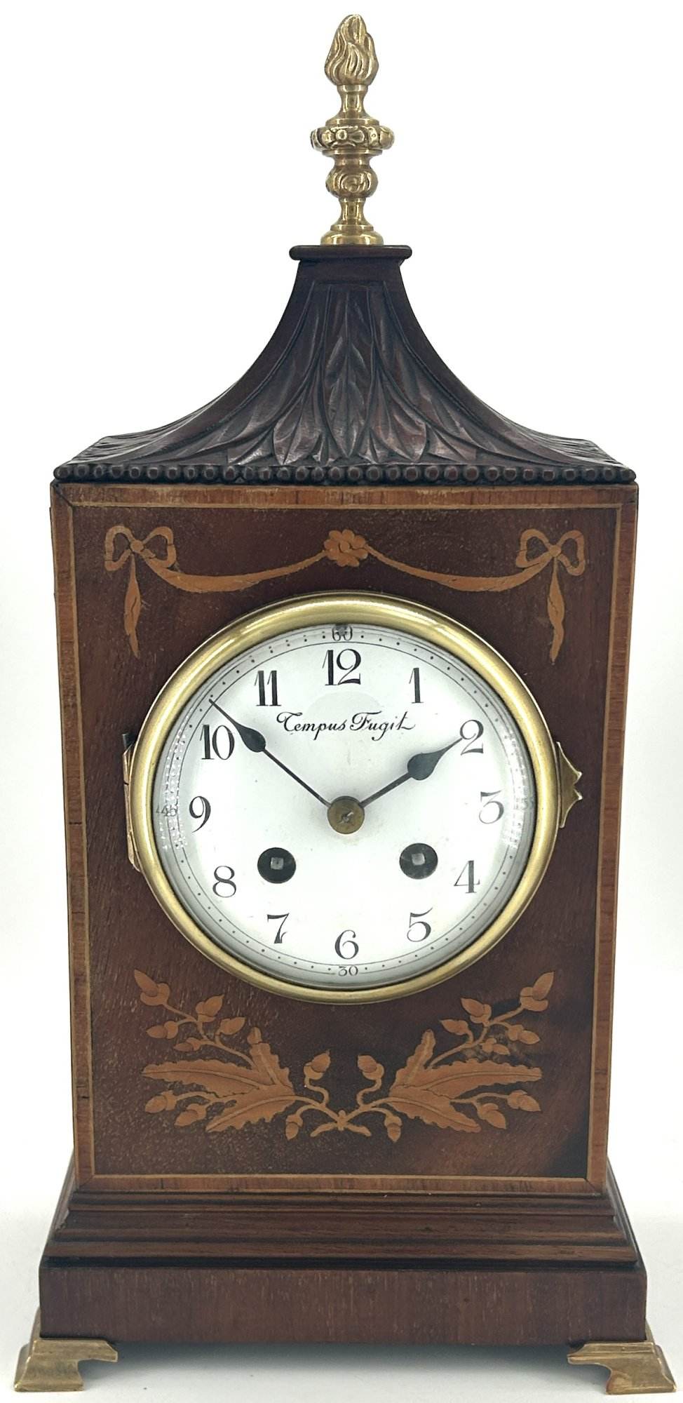 Wonderful Carved and inlaid Mahogany case Mantel Clock – ca1890 - Image 12