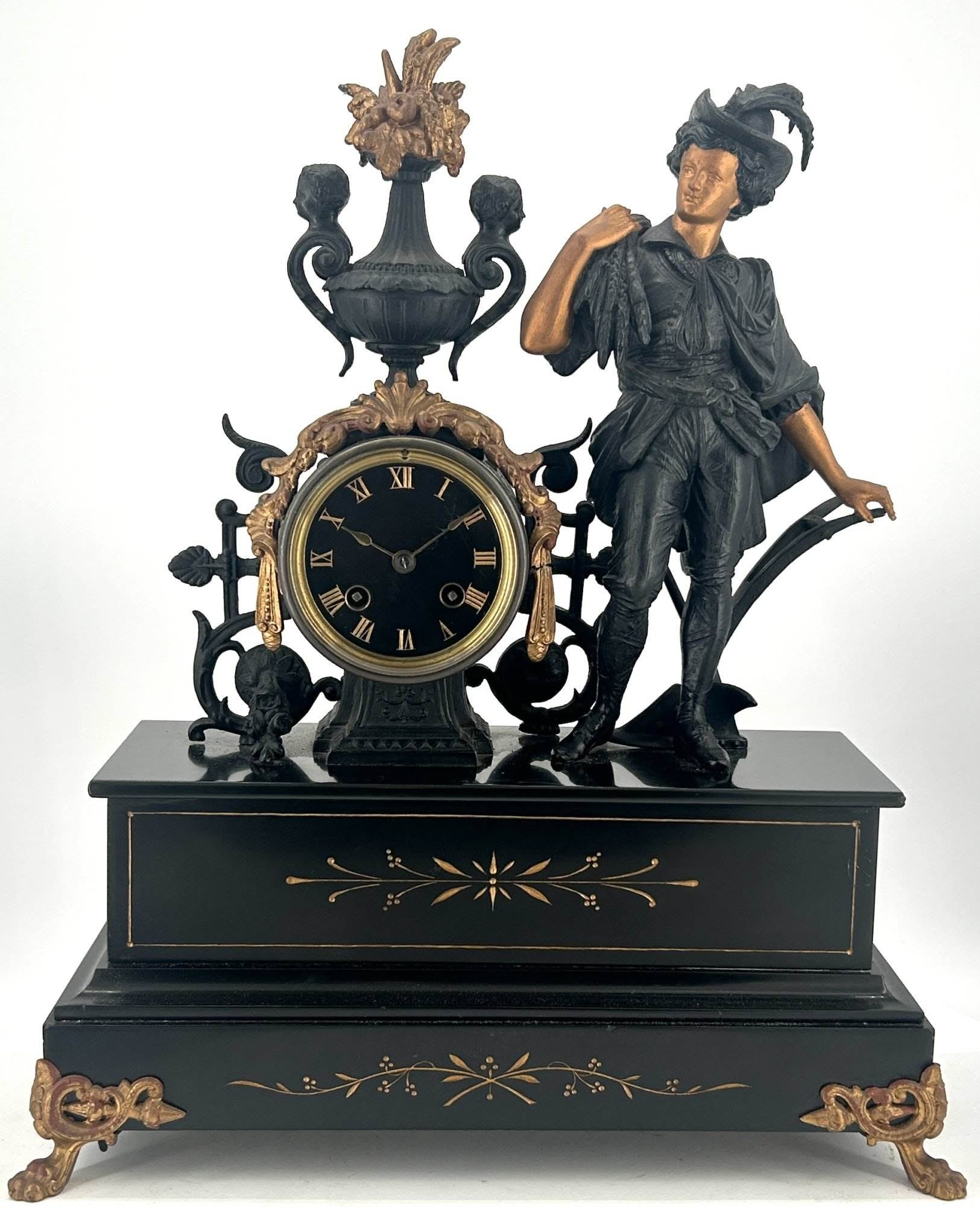 Stunning Victorian French Figural Slate & Spelter Mantel Clock - ca 1890