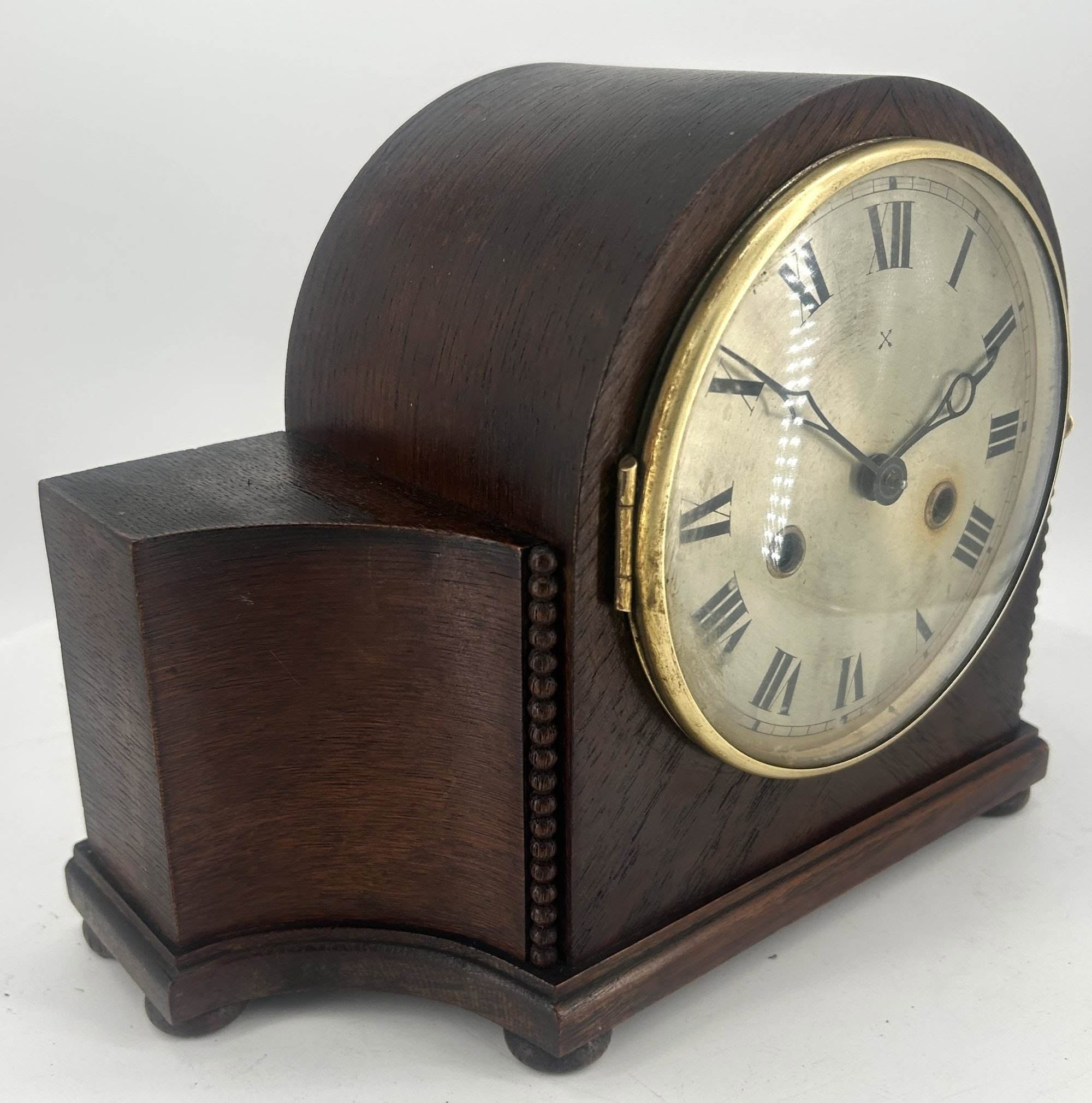 Lovely arts and crafts mantle clock by HAC ca 1905. Wonderful original metal HAC dial with original black hands.