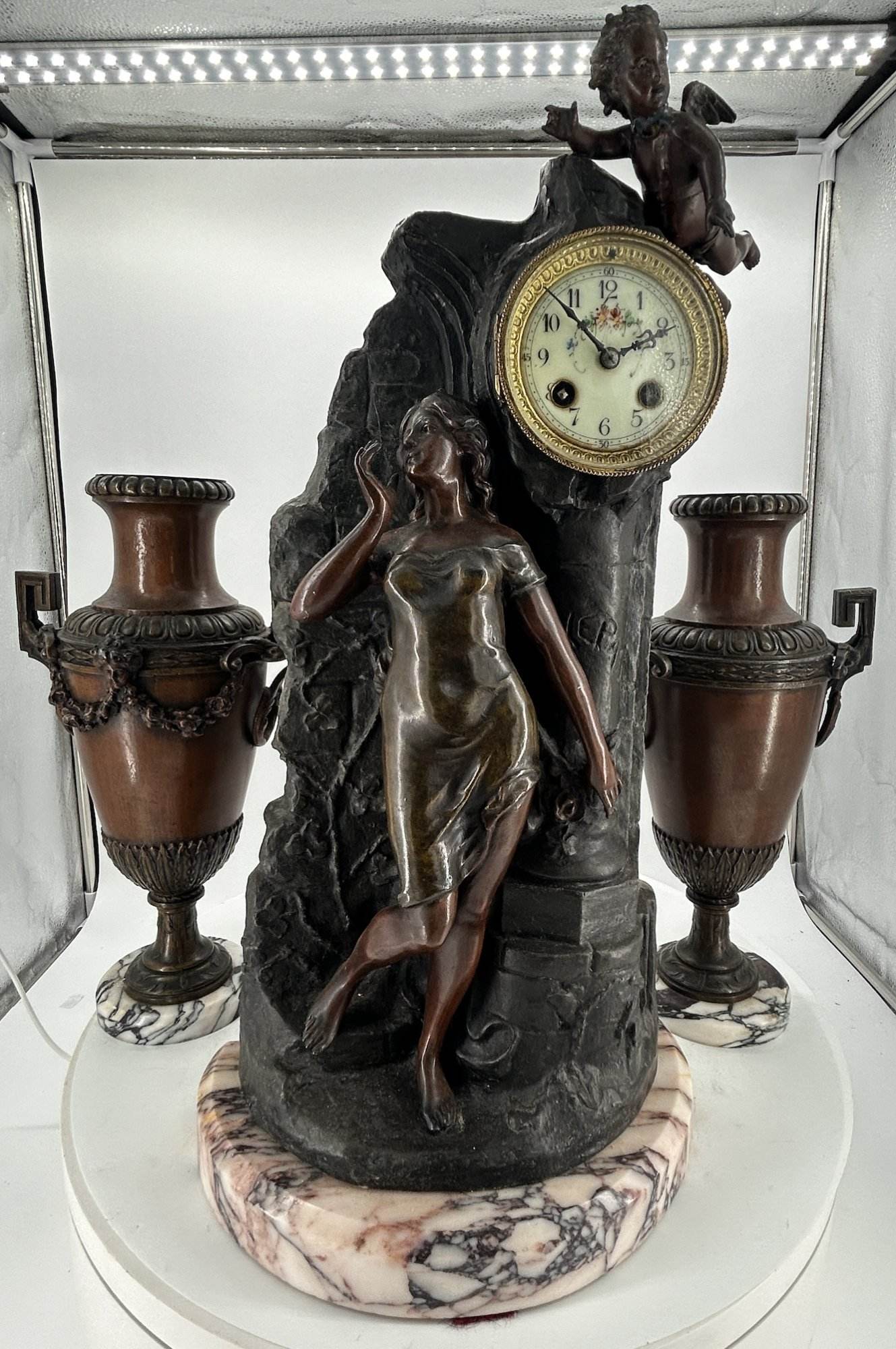 Lovely French Art Nouveau Figural Mantel Clock Set – Ca 1900