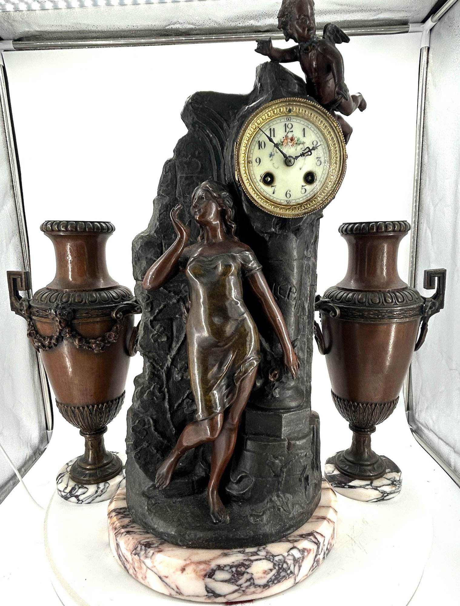 Lovely French Art Nouveau Figural Mantel Clock Set – Ca 1900 - Image 12