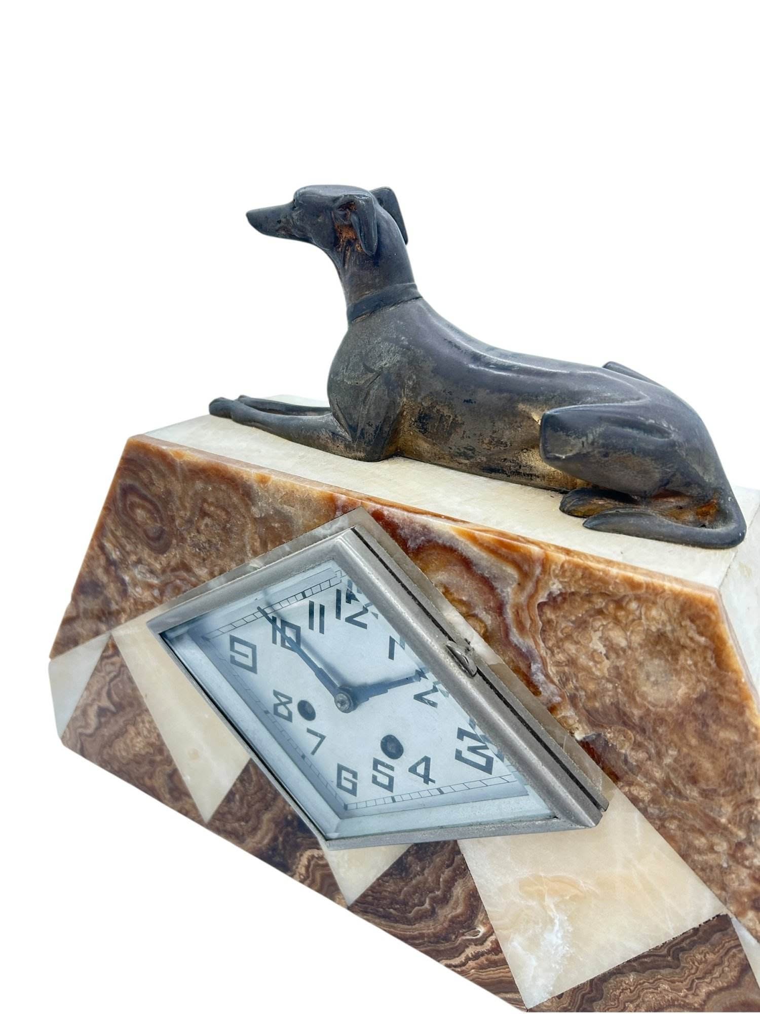 Beautiful French Art Deco Marble & Greyhound Dog Figural Mantel Clock – ca1920 - Image 9