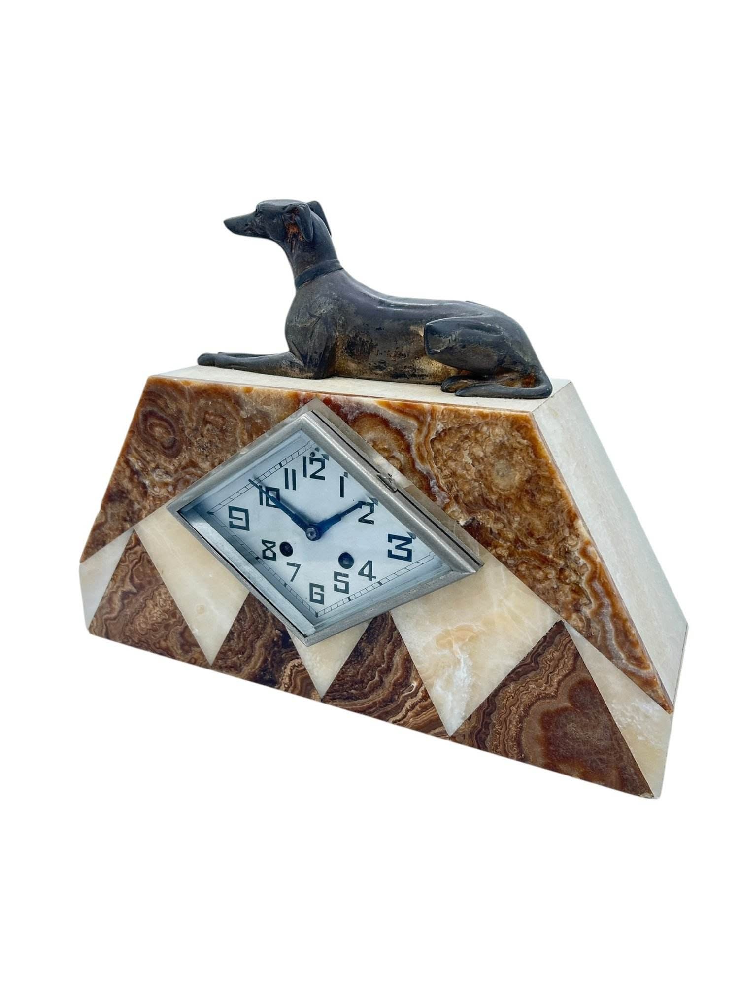 Beautiful French Art Deco Marble & Greyhound Dog Figural Mantel Clock – ca1920 - Image 8
