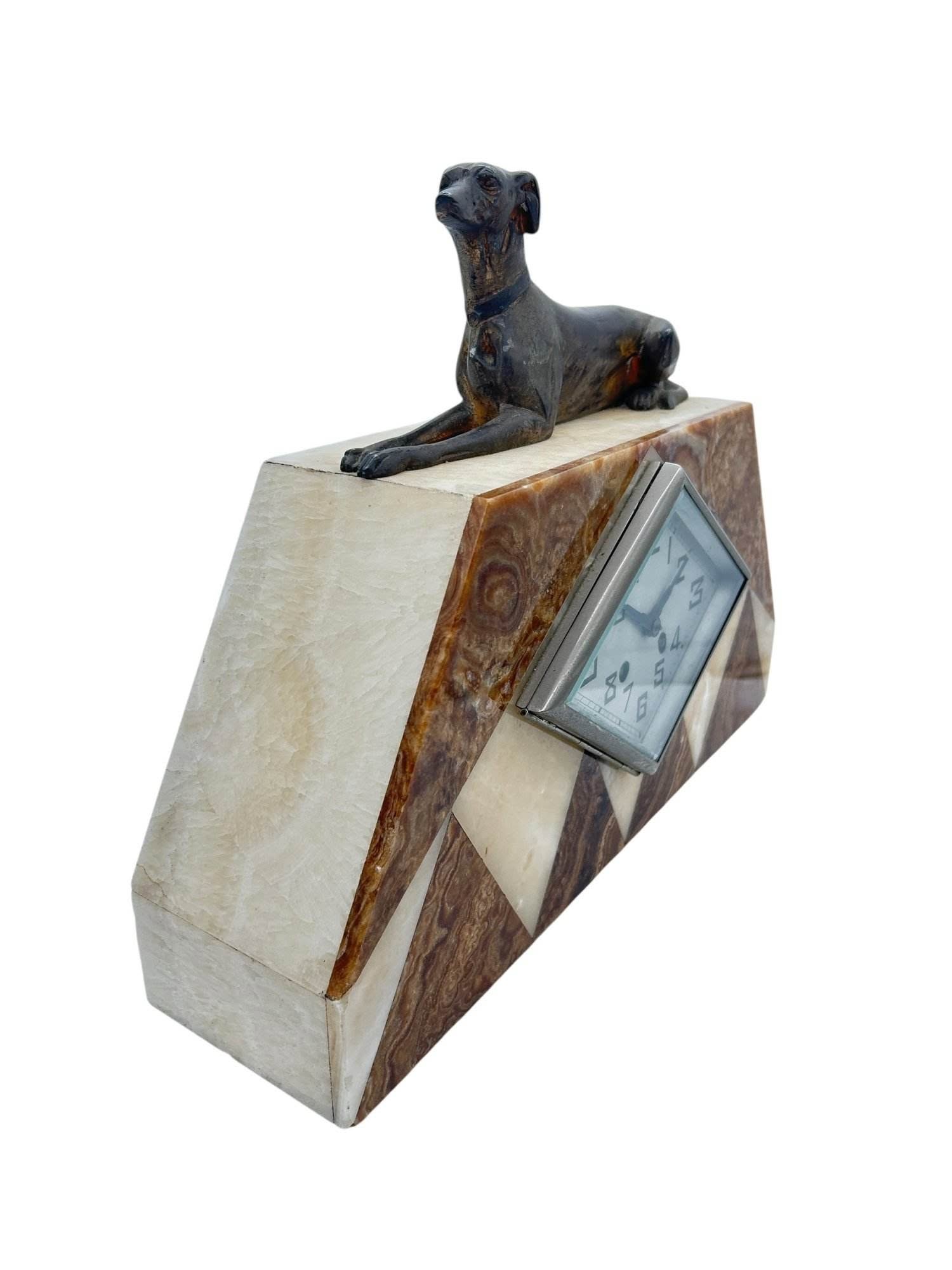 Beautiful French Art Deco Marble & Greyhound Dog Figural Mantel Clock – ca1920 - Image 7