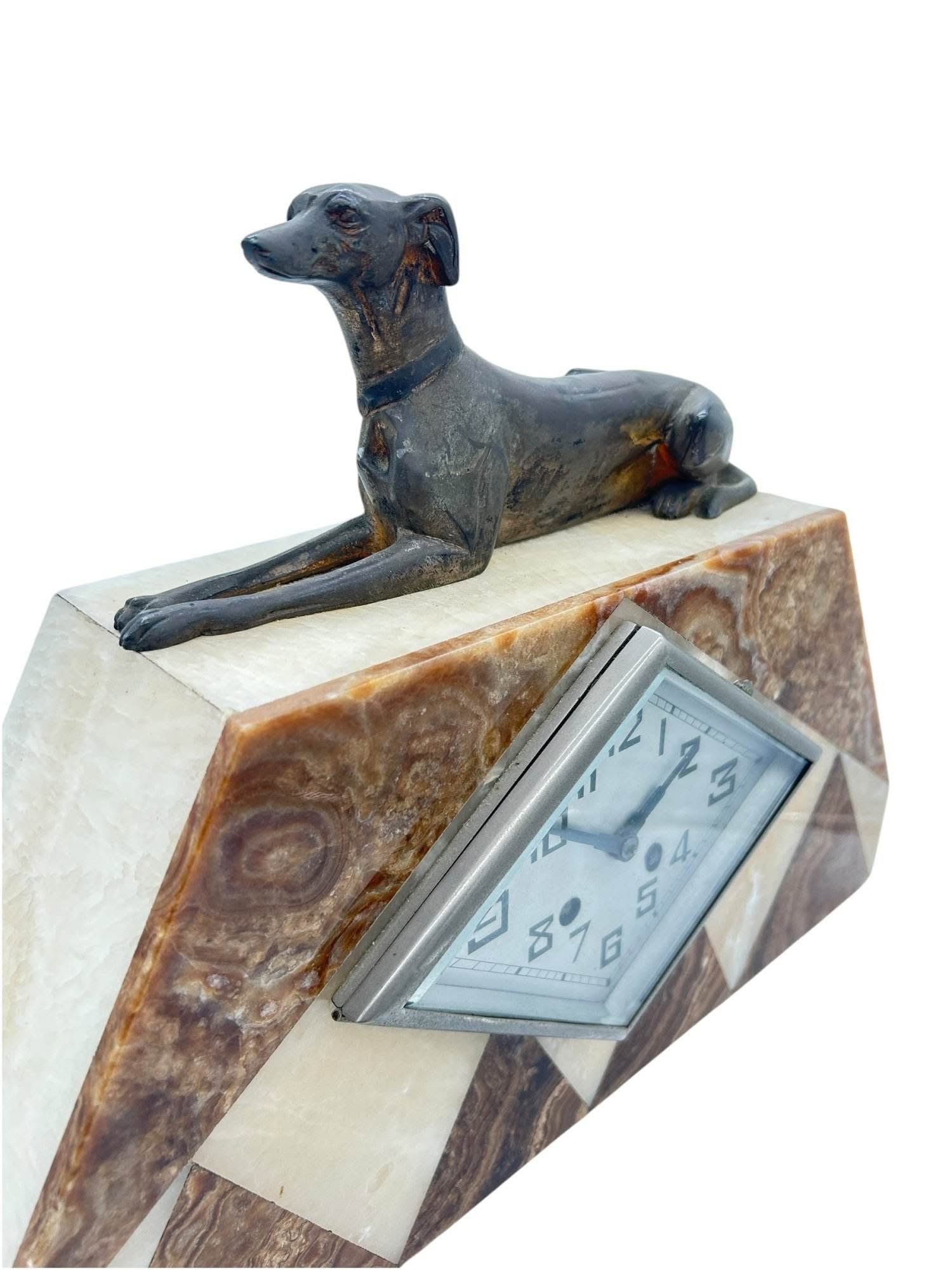 Beautiful French Art Deco Marble & Greyhound Dog Figural Mantel Clock – ca1920 - Image 6