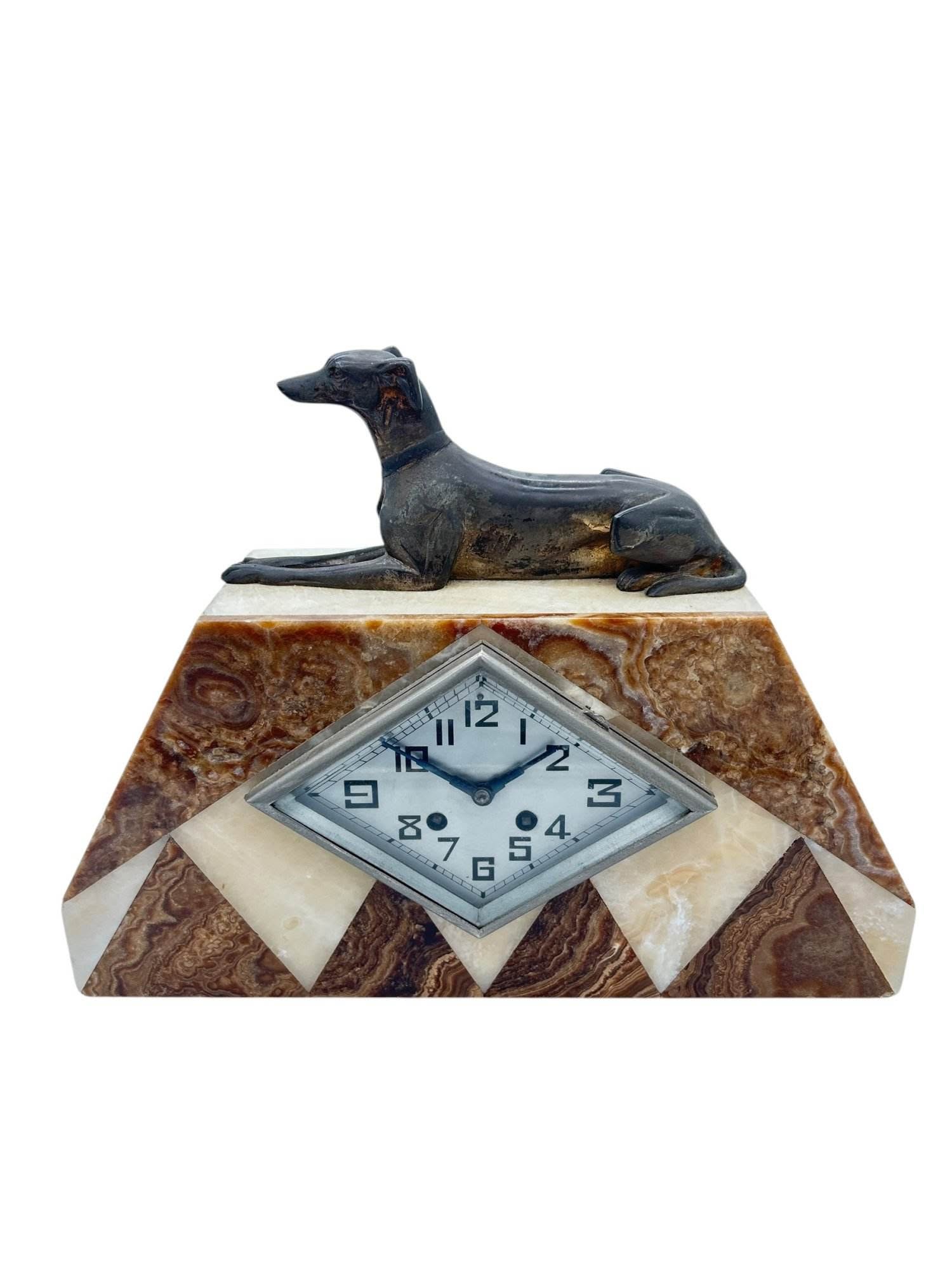 Beautiful French Art Deco Marble & Greyhound Dog Figural Mantel Clock – ca1920 - Image 3