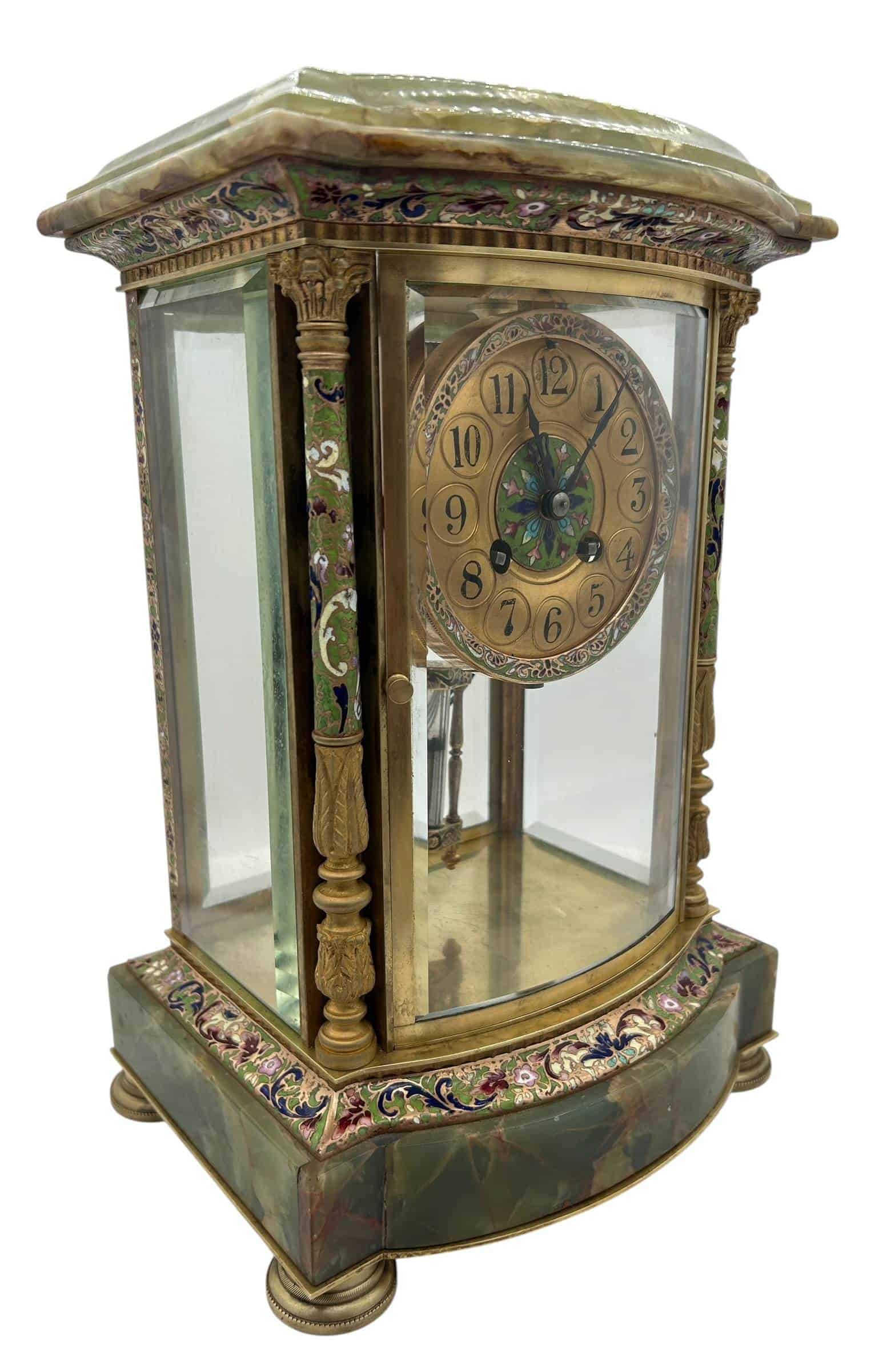 French Regulator 4 glass & green onyx champleve case Mantel clock – ca1880 - Image 6