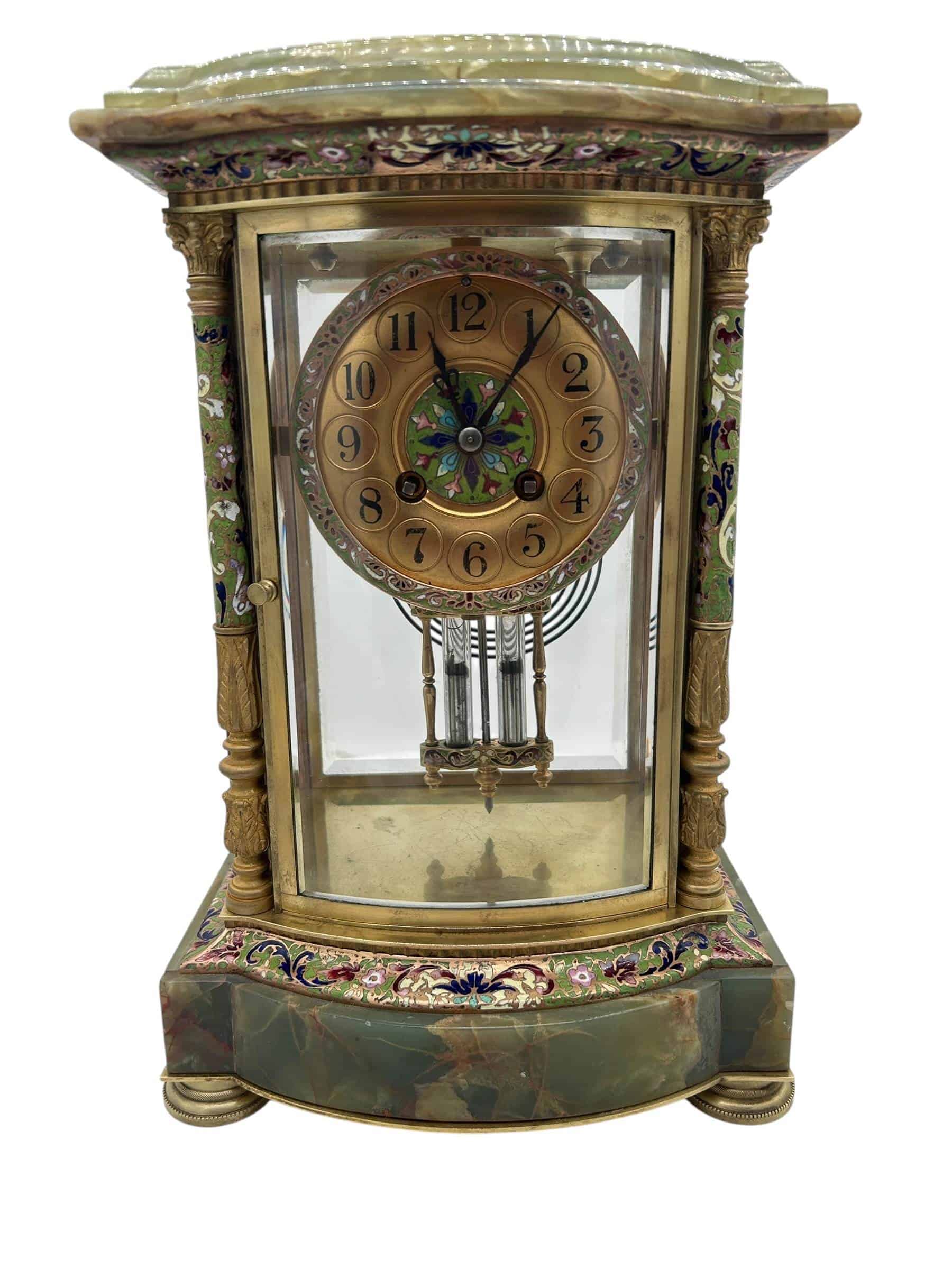 French Regulator 4 glass & green onyx champleve case Mantel clock – ca1880