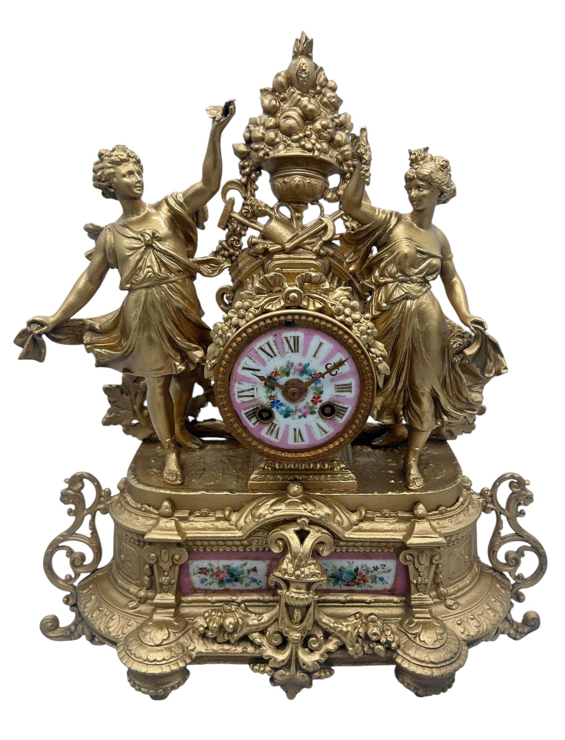 Charming French Gilt Figural pink sevres Mantel Clock – ca1890