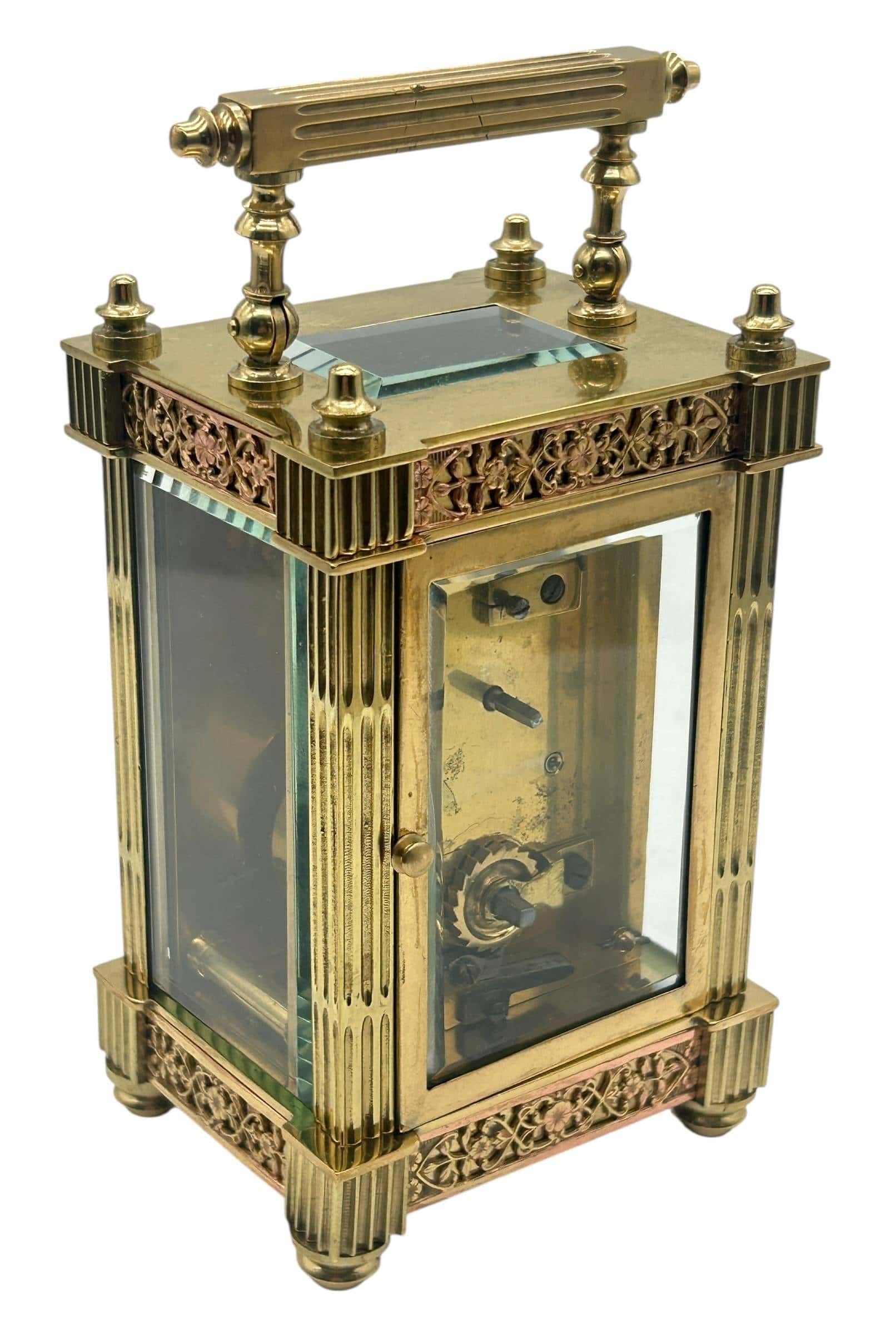 Highly Collectable Carriage Clock with fretwork decoration to all sides with enamel dial – French 8-Day Timepiece Movement.