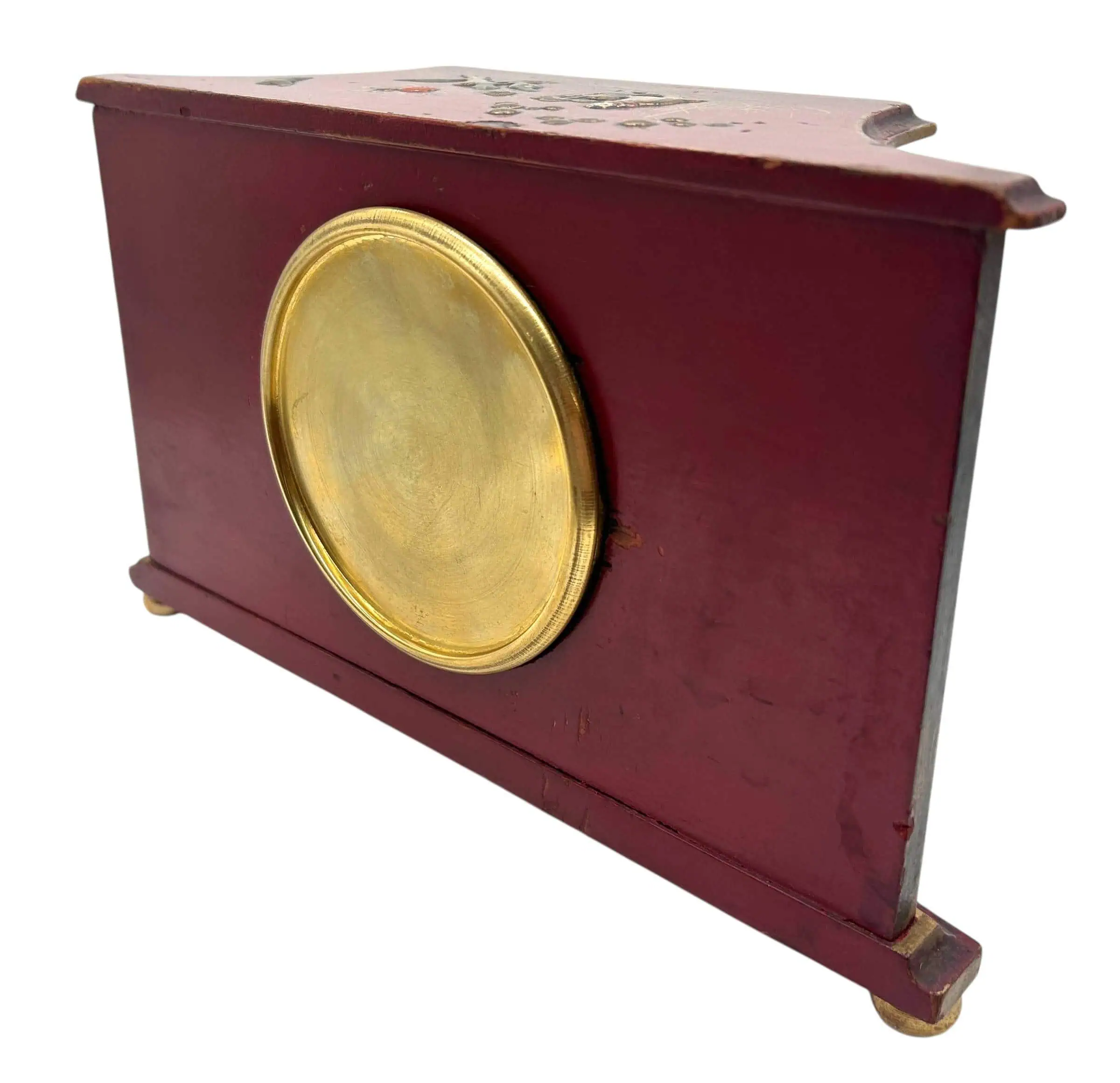 Interesting Red Chinoiserie Mantel Clock – Gilt Gold Decoration Silver Dial 8-day Clock