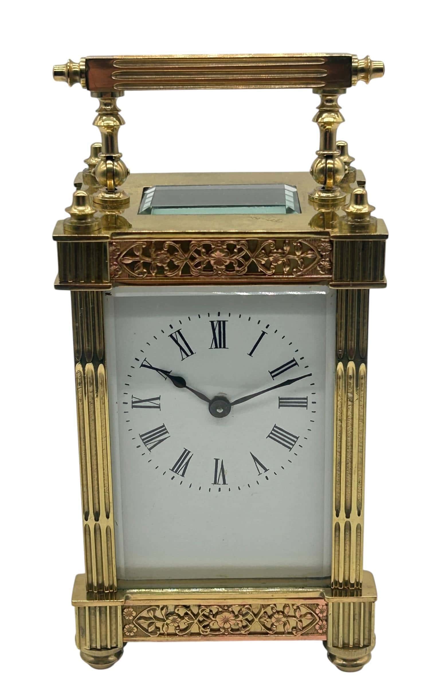 Highly Collectable Carriage Clock with fretwork decoration to all sides with enamel dial – French 8-Day Timepiece Movement.