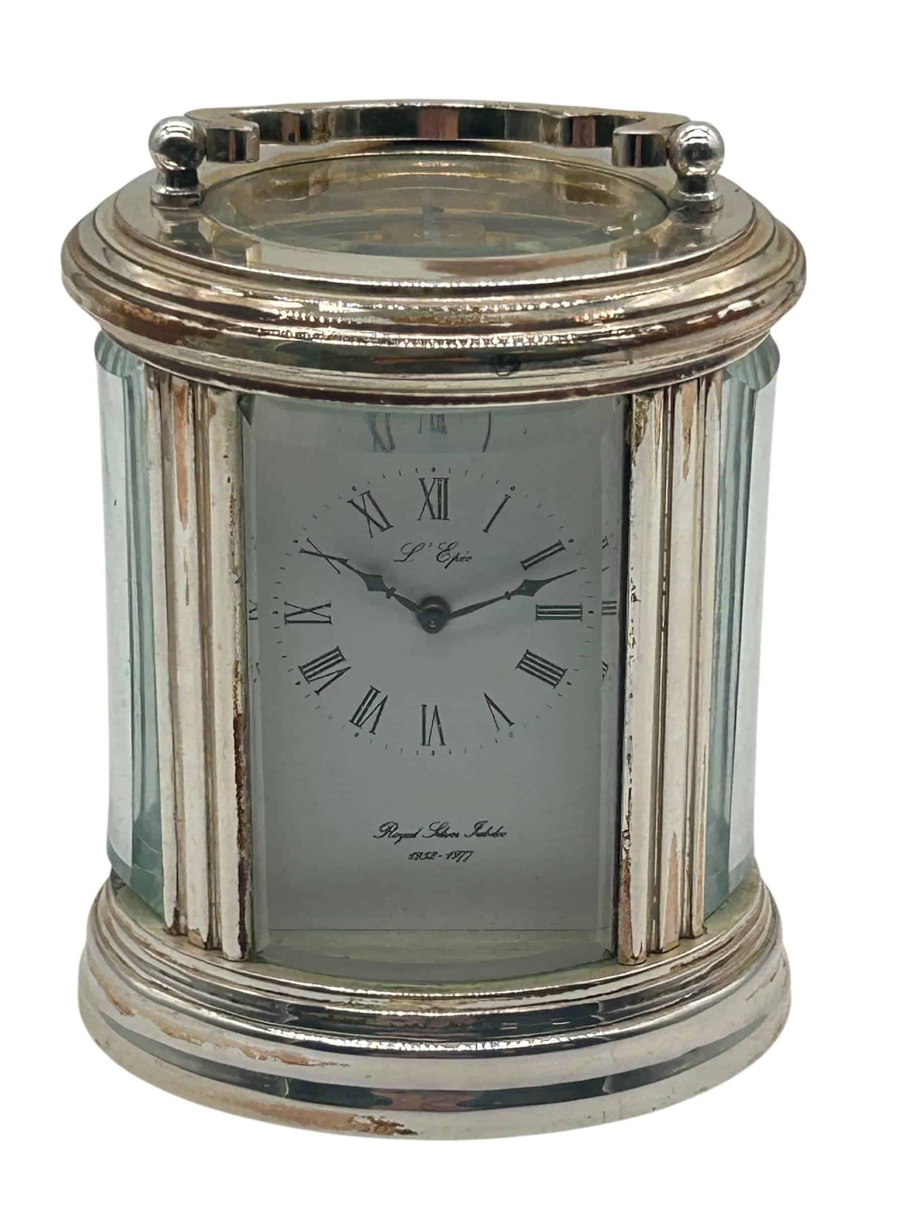 Rare L Epee Miniature Oval Carriage Clock – French Silver Plated 8-Day Movement